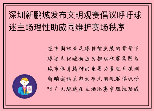 深圳新鹏城发布文明观赛倡议呼吁球迷主场理性助威同维护赛场秩序